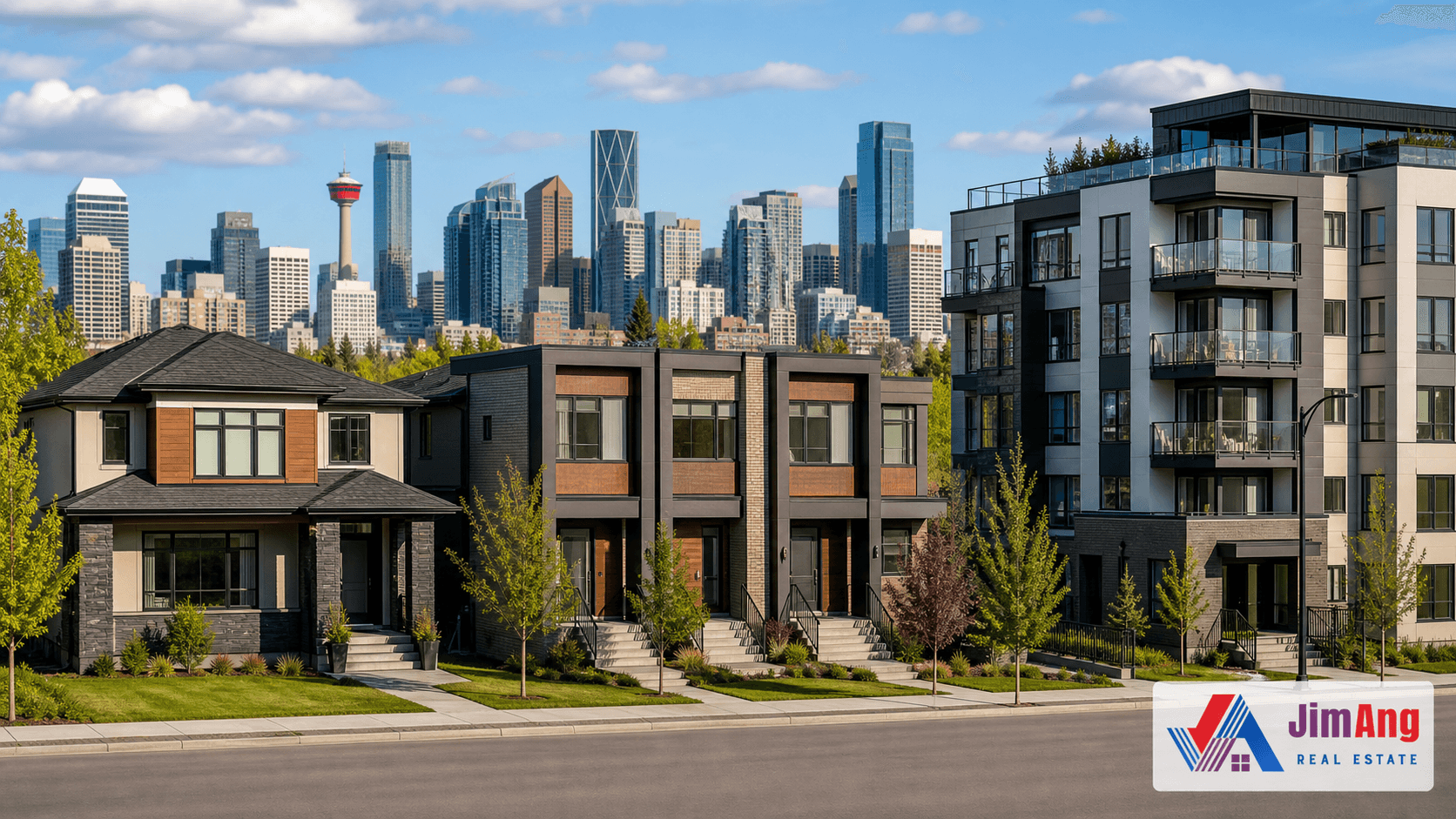 Calgary skyline behind a balanced mix of detached homes and condominium towers