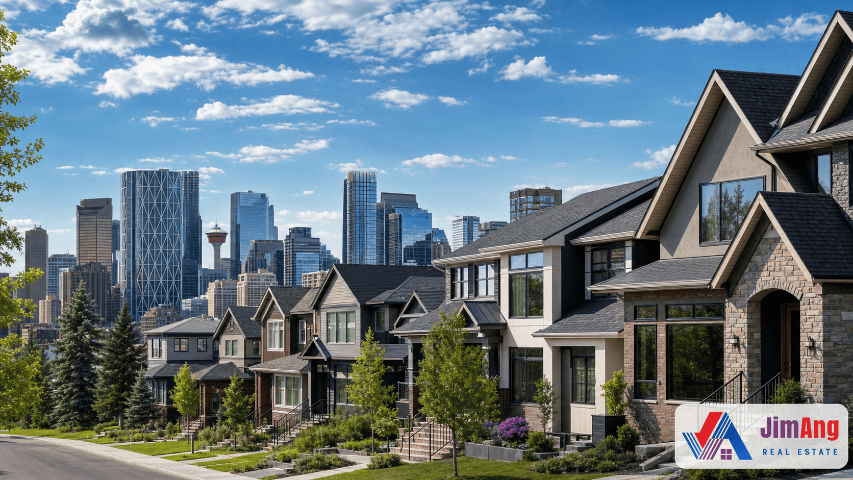 Calgary residential streets and condominium towers under a clear Alberta sky